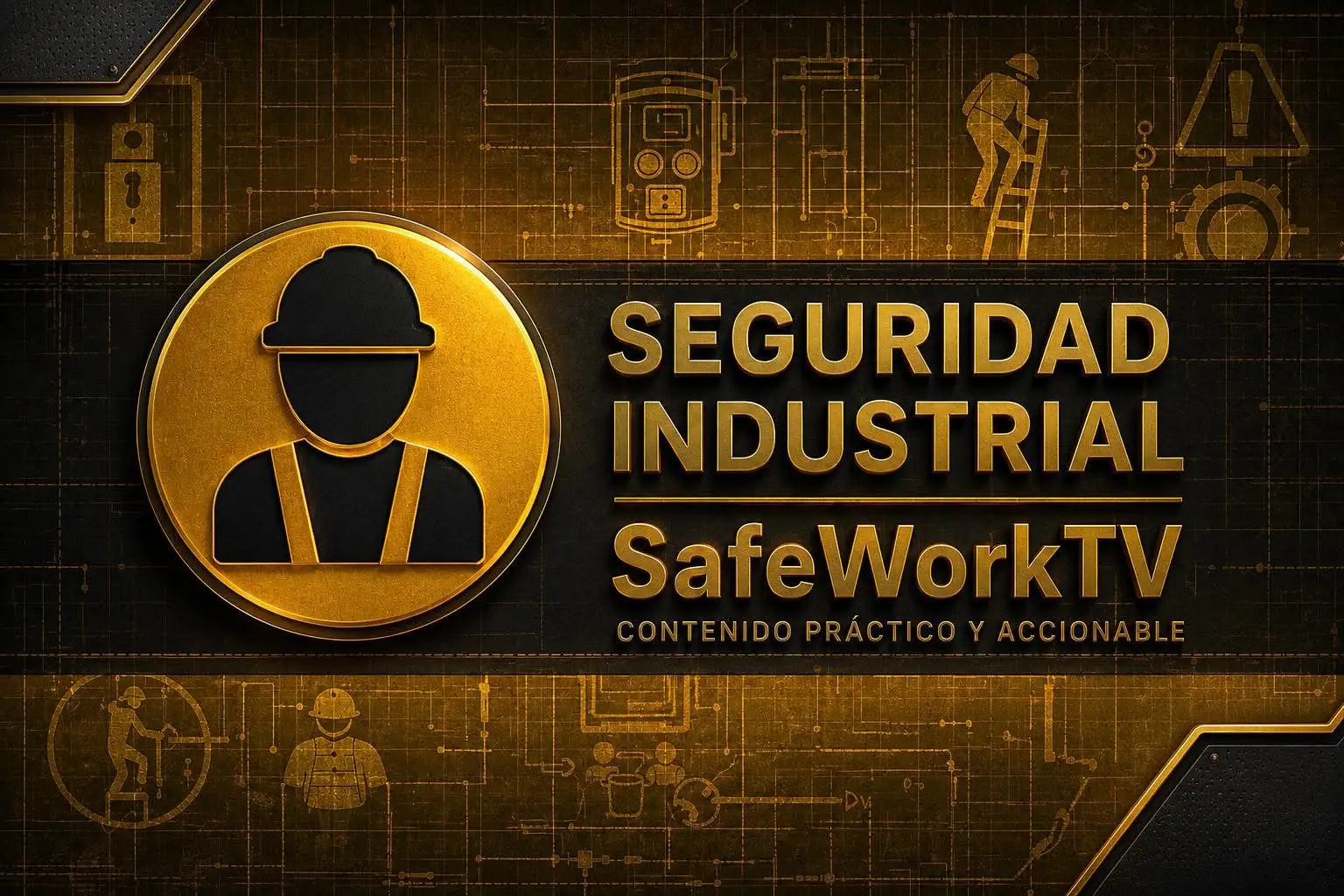 Portada oficial de SafeWorkTV con el emblema del trabajador y el texto Seguridad Industrial, contenido práctico y accionable